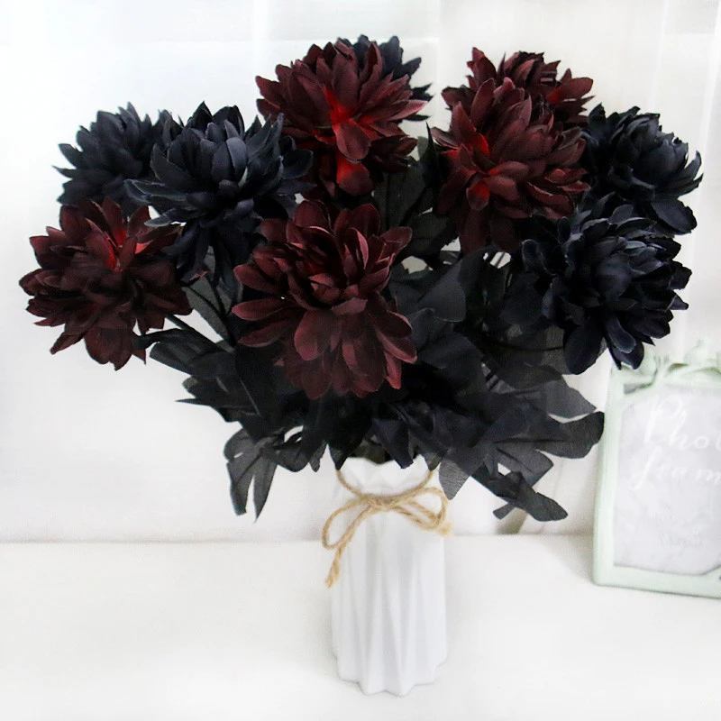 1PC Wall Arrangement Materials Fake Flower Black Dahlia Artificial Flower Branch Table Home Decor Halloween Wedding Flower