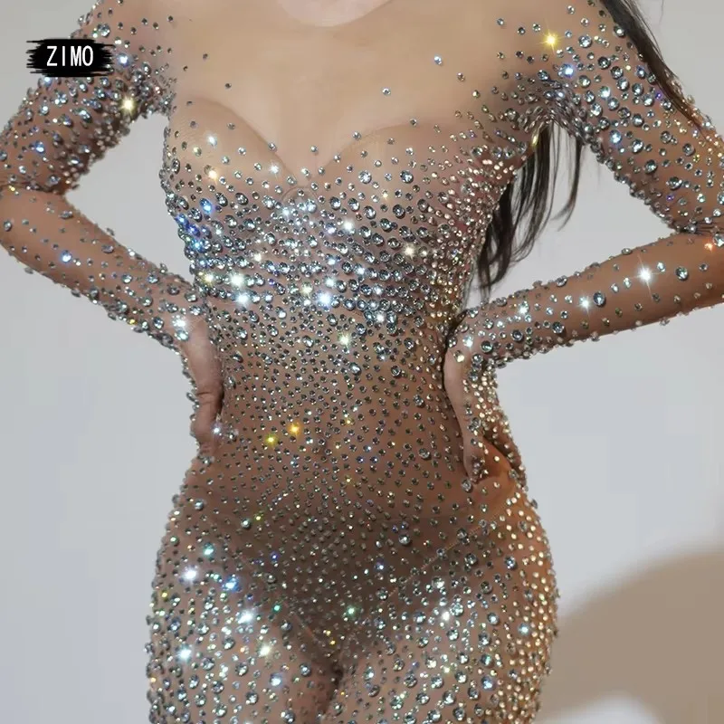 Sparkle full Rhinestones long sleeve Jumpsuit women sexy mesh Transparent party birthday club Singer Stage show dance costumes