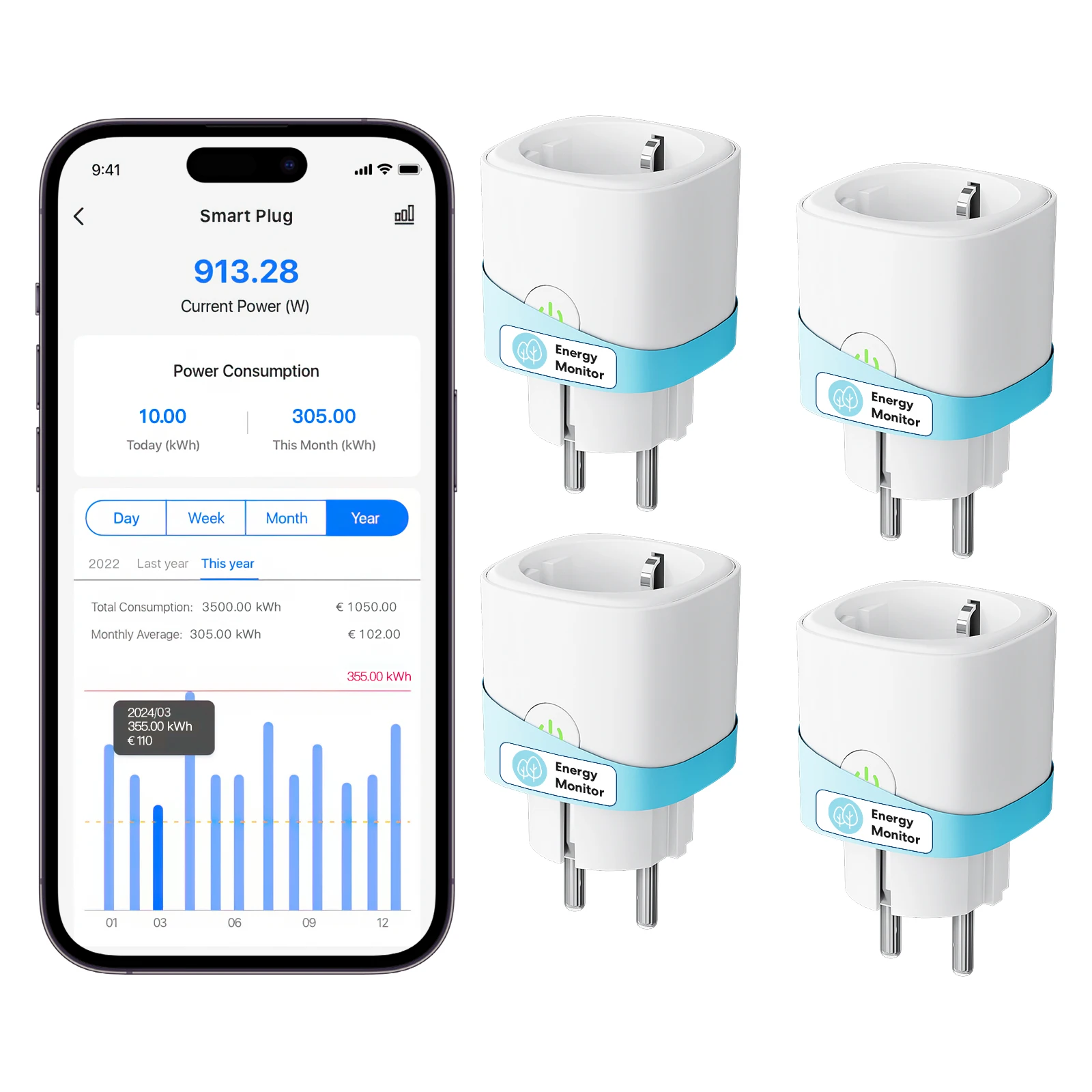 Meross Smart Wi-Fi Plug Mini MSS315 Monitor de energía 16A Soporte máximo Matter, Alexa, Homekit Wifi Socket