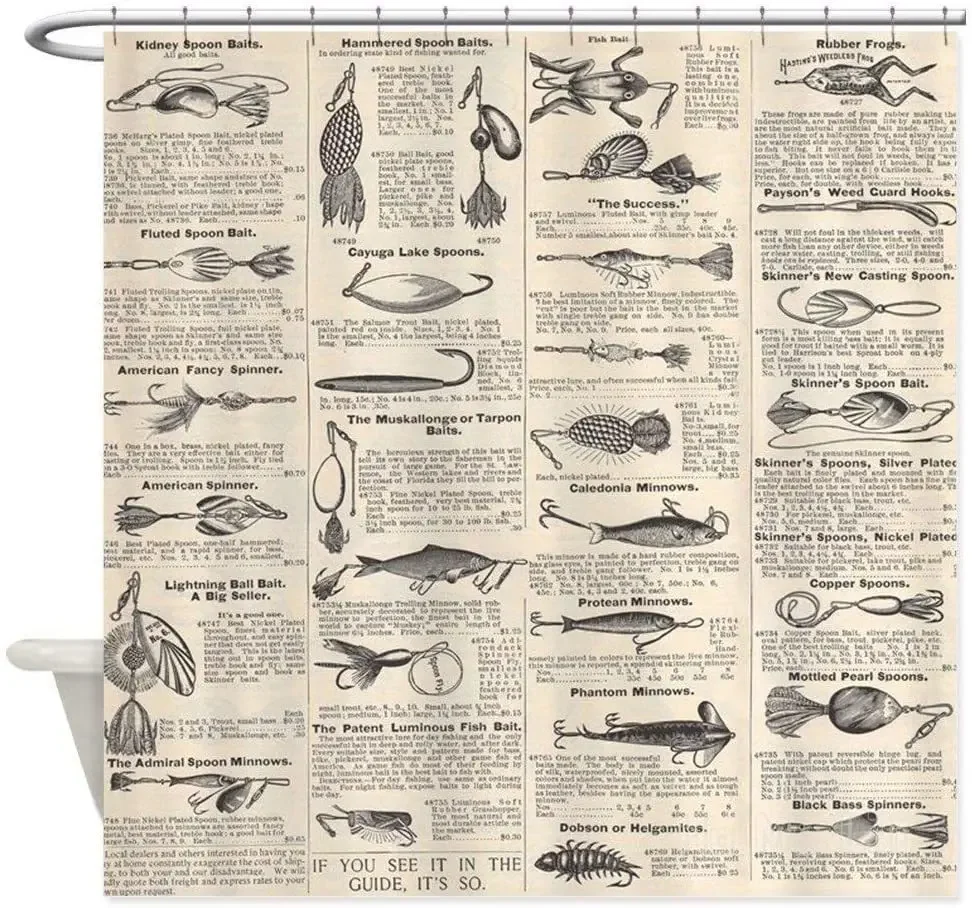 Fishing Lures Vintage Antique Newsprint Decorative Shower Curtain