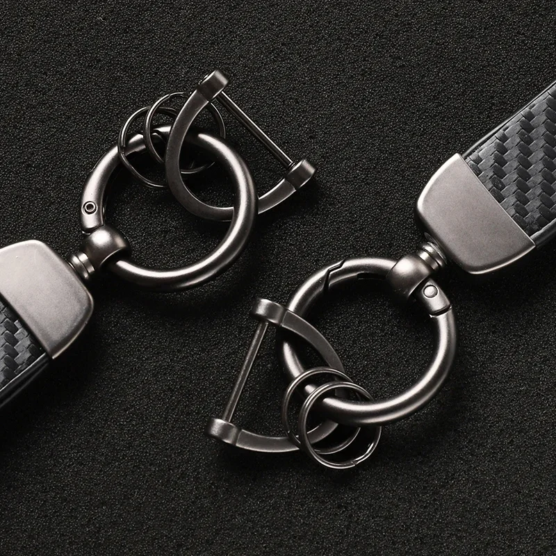 Kohlefaser-Leder Schlüsselanhänger, Langlebiger Metall-D-Ring Autoschlüsselband mit Schlüsselring – Detail 5