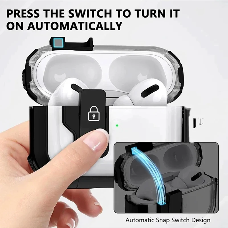 Automatic Switch Safety Lock Case For Airpods 4 For Airpods Pro 2 3 1 case Shockproof Transparent Earphone Case with hook