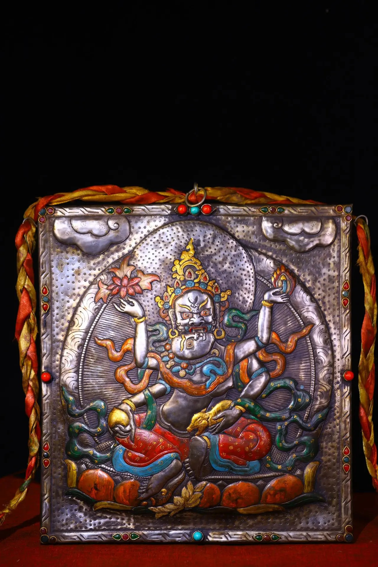 

15"Tibetan Temple Collection Old Tiantie Painted Cinnabar Red Jambhala Buddha Thangka Worship Hall Town house Wall hanging