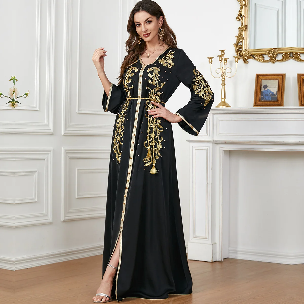 Abaya, abbigliamento donna turco, abito lungo musulmano in arabo, abito lungo Dubai Juba, abito con scollo a v e ricamato M-XXL