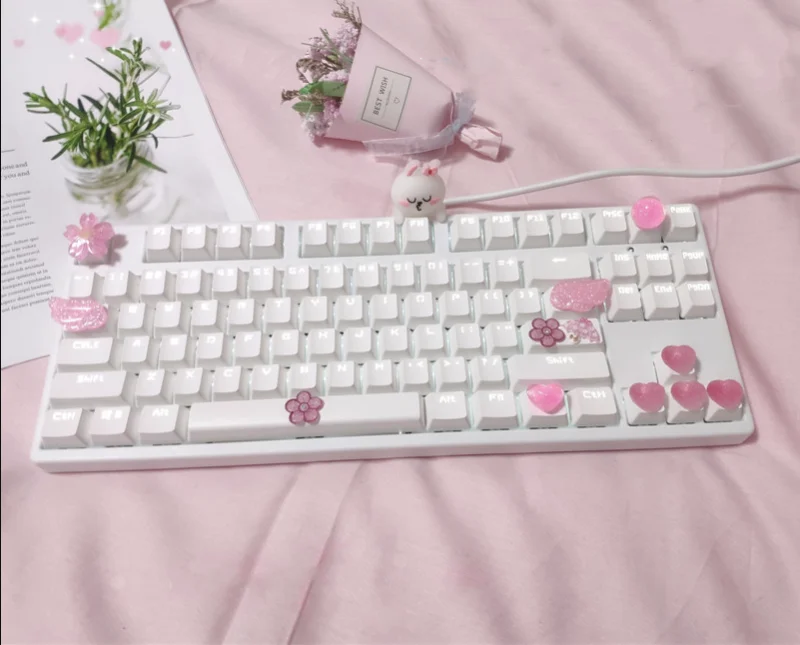 Cartoon Cute Rabbit wired mechanical keyboard hand-made 87keys White balcklight Green switches gaming keyboard for girl