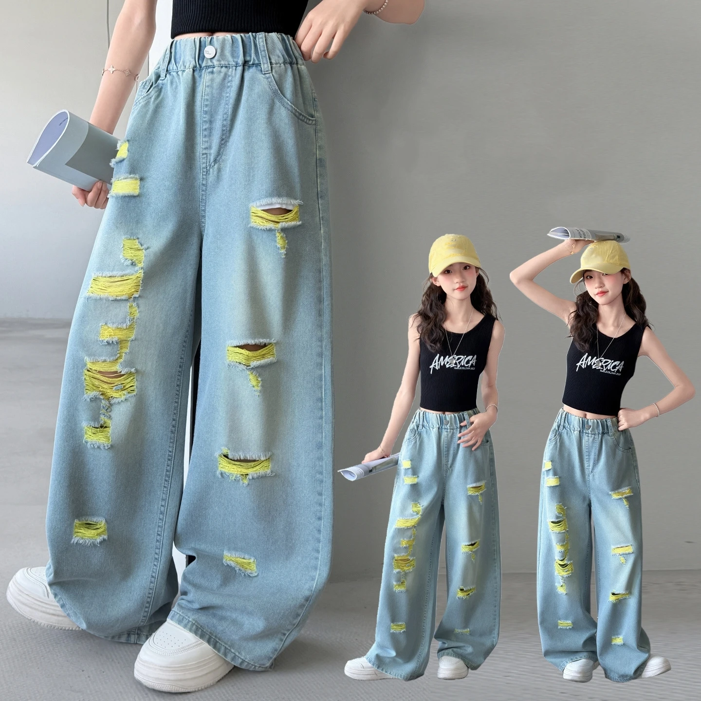 Teenage Girls Jeans 2026 Summer Casual Fashion Loose Ripped Hole Kids Retro Korea Pants School Girls Trousers 4-14Years