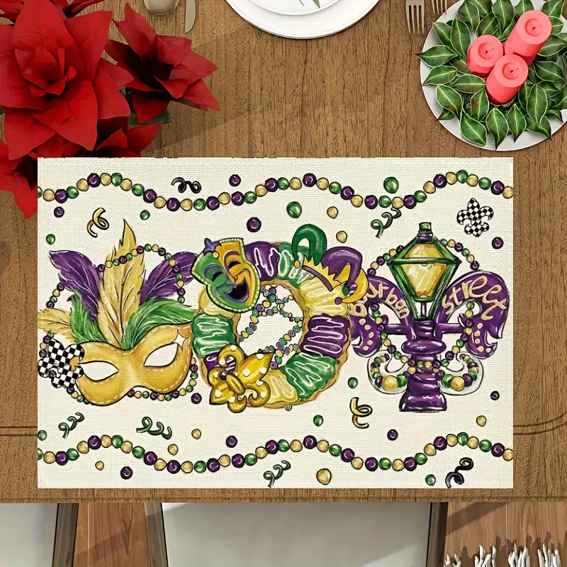 1PC Table Decor, Irises Mardi Gras Placemats, Masks Carnival Mardi Gras Table Pads, Heat Insulation Table Mat