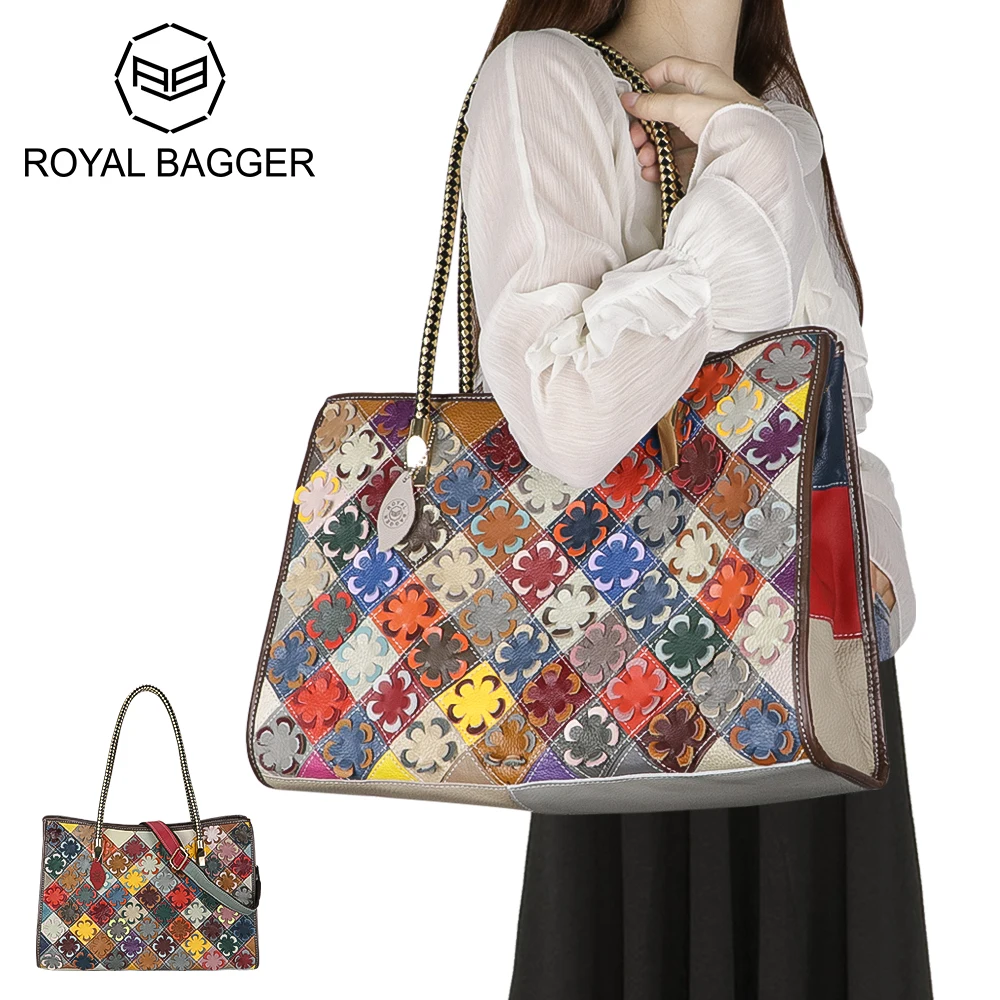 Royal Bagger Genuine Leather Floral Tote Bag, Large Capacity Color Stitching Crossbody Bags, Retro Satchel Purse for Women 1875