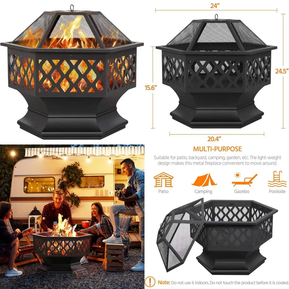 وعاء حفرة النار السداسي الخارجي مقاس 24 بوصة مع شاشة شرارة وبوكر للفناء والفناء الخلفي والحديقة والتجمعات النزهة #1
