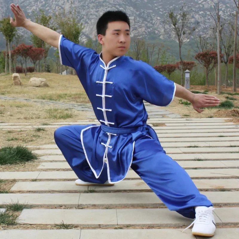 Traditional Chinese Kung Fu Wushu Clothing Wing Chun Martial Arts Uniforms Adult Kids Blue Red Black Short Sleeve Tai Chi Suit