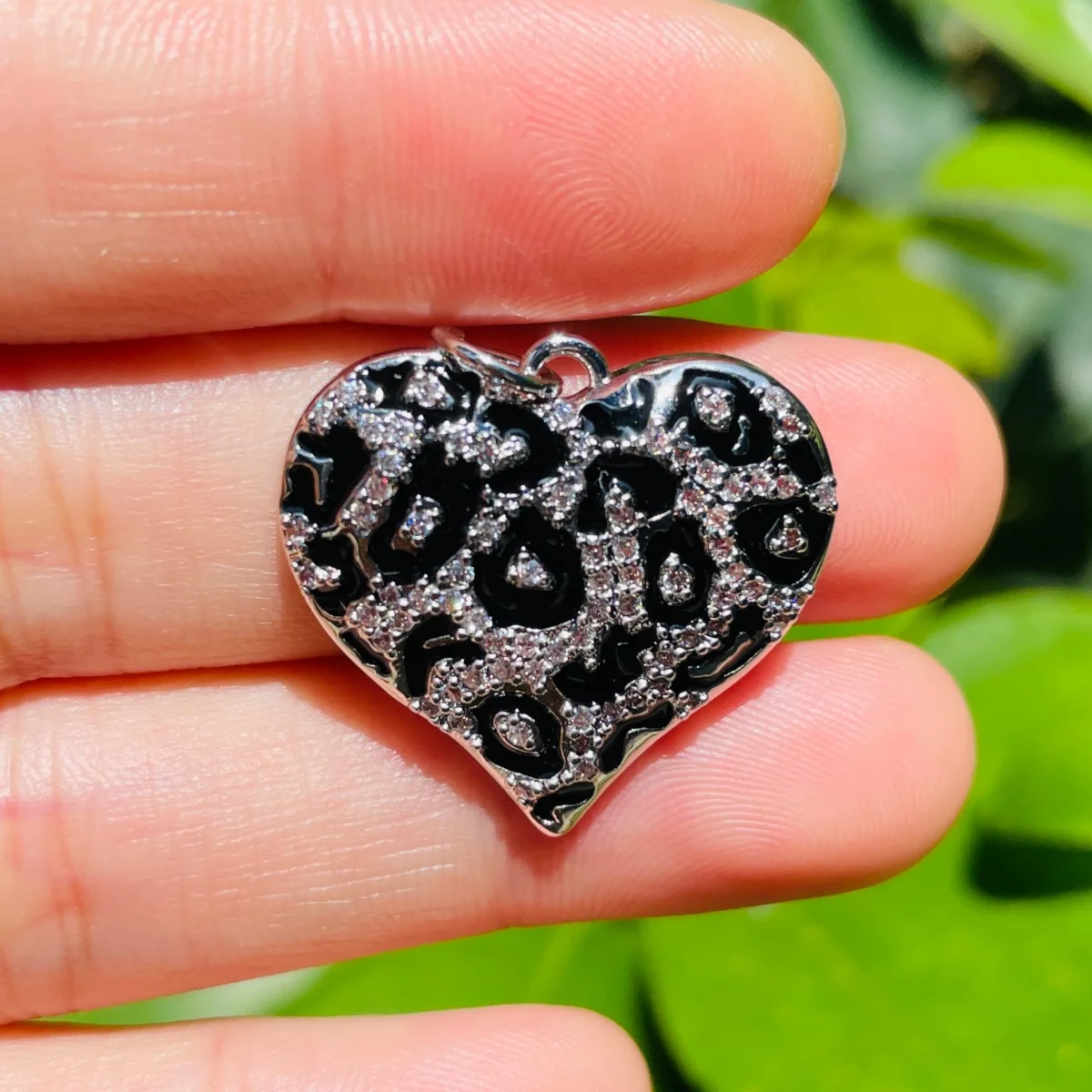 5pcs Enamel Black Leopard Print Heart Charms for Women Bracelet Making Zirconia Pave Pendants for Girl Necklace Jewelry Handmade