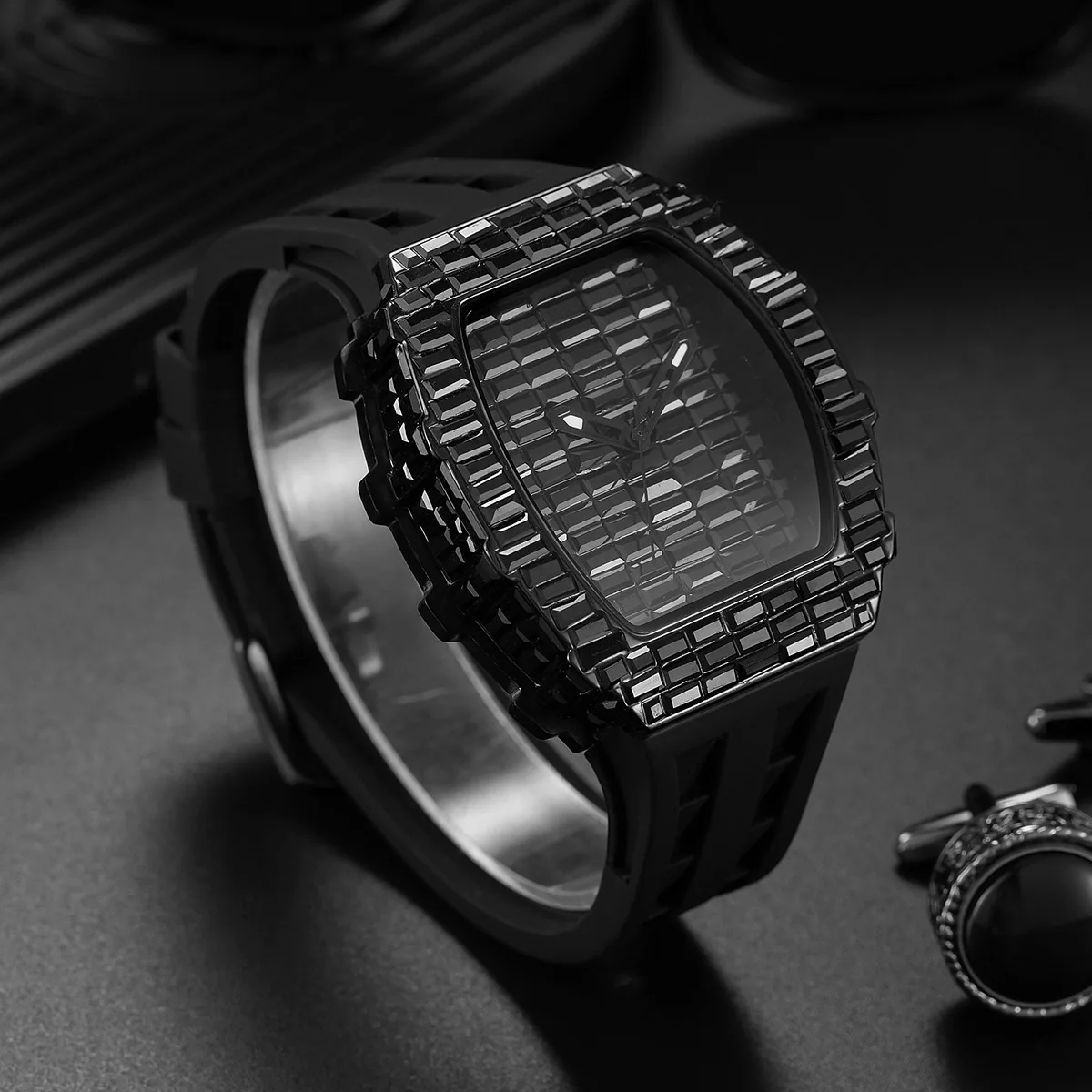 New Rectangular Black Zircon Wacth For Men Luxury Tonneau Mille Wristwatch Fashion Unique Iced Out Waterproof Clock Dropshipping