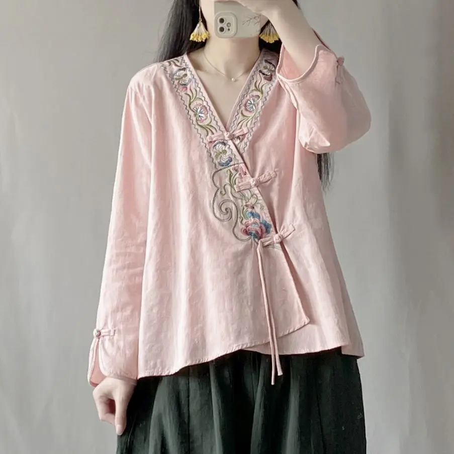 

Женская рубашка в стиле ретро с вышивкой и пуговицами-лягушками, улучшенная модель Ханьфу для весенне-летнего чайного платья, короткий кардиган в китайском стиле