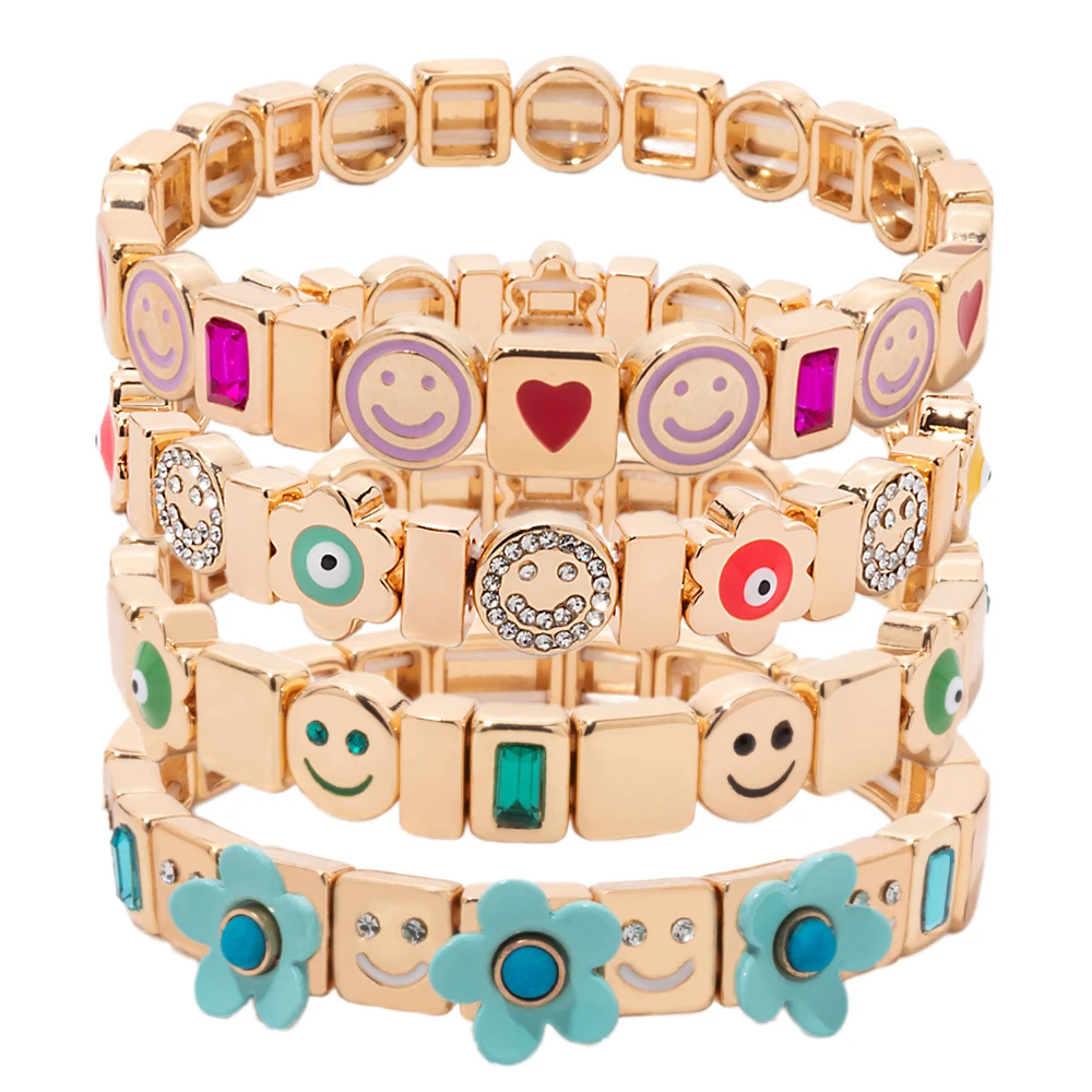 2024 New Fashion Happy Face Bangle For Women Golden Color Beaded Diamond Bangle Boho Accessory