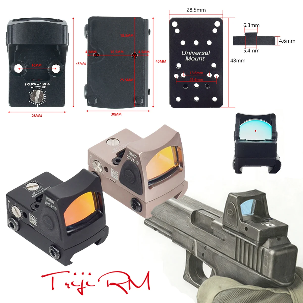 

Triji RM HD Red Dot Sight Reflex Scope Tactical Adjustable Aiming Optical Riflescope for Airsoft Pistol G17 19 20mm Rail AR15 M4