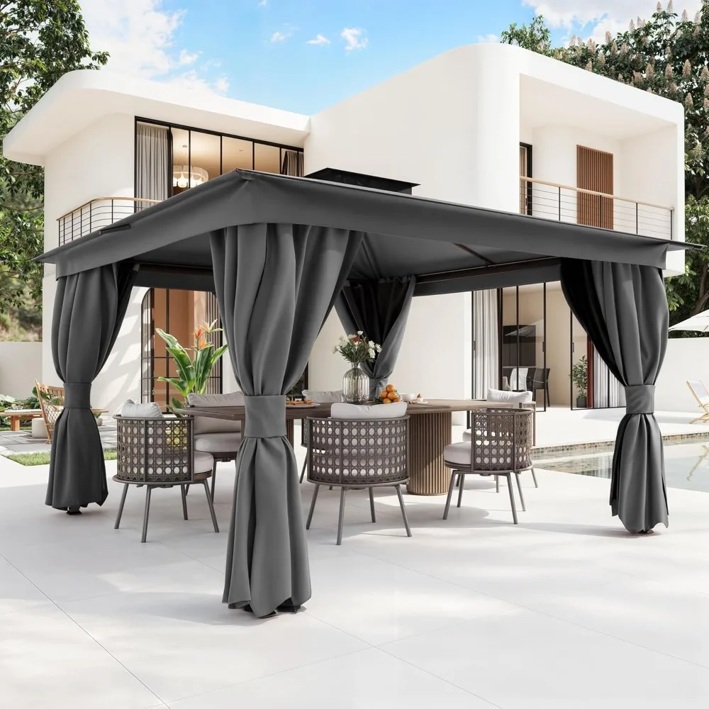 

Outdoor 10'x13' Canopy Gazebo Gray, Metal Frame Canopy with Double Roofs, Heavy Duty Pavilion with Curtains and Nettings