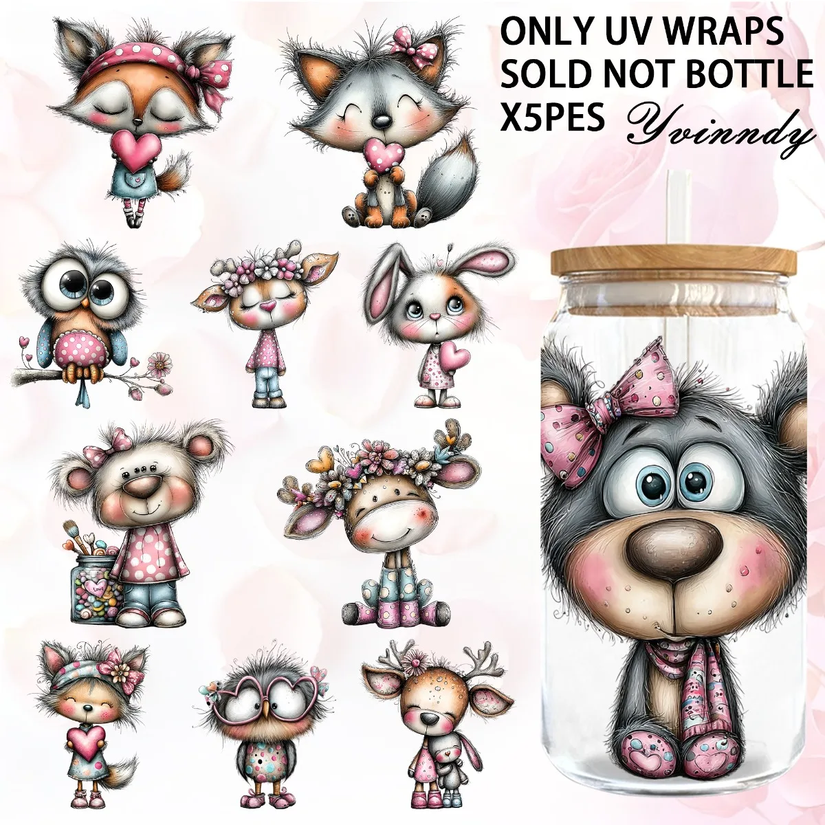 

Пленки для кружек объемом 16 унций, 5 листов, с рисунками животных ко Дню святого Валентина, случайные дизайны, бумага для переноса изображений, подходит для украшения кружек.