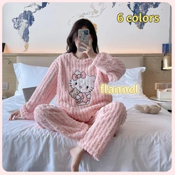 Cute cartoon Hello Kitty coral velvet pajamas for women autumn and winter flannel thickened trousers sweet cartoon cute home clo