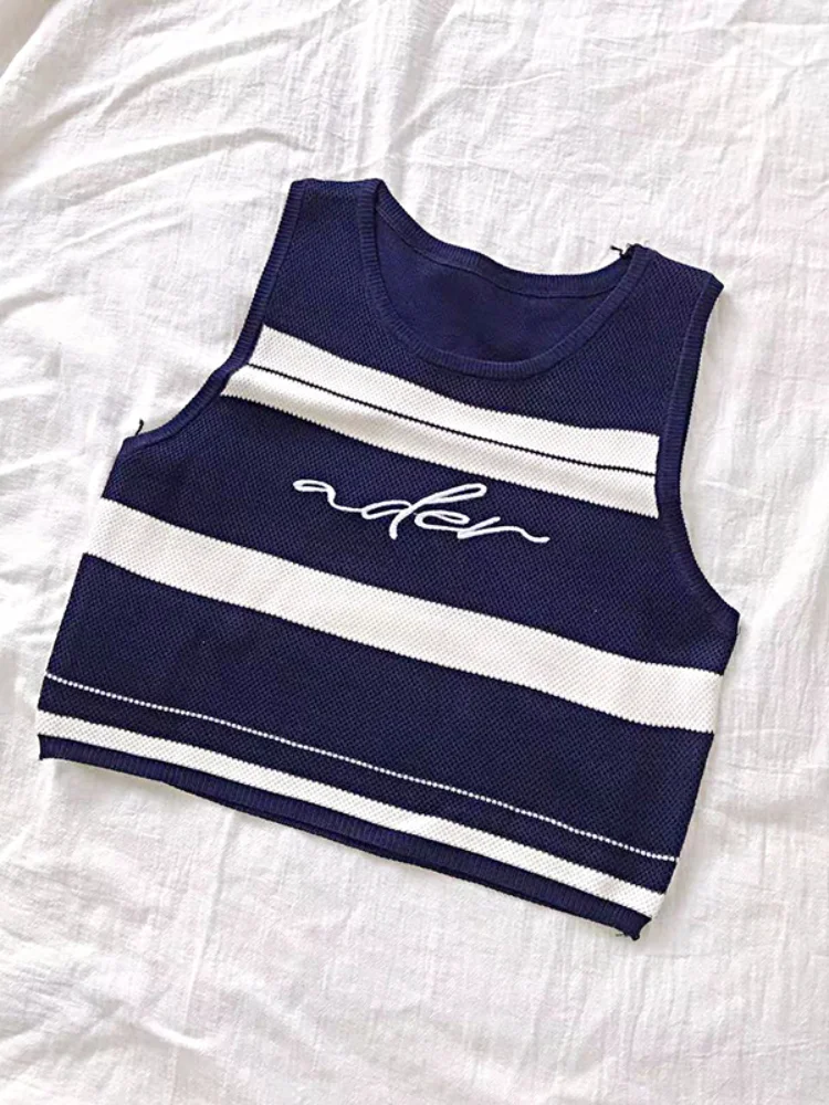 2024 New Yellow Embroidery Letter Print Striped Tank Top Casual Sleeveless Tank Top For Summer Women\'s ClothingElastic  Crop Top