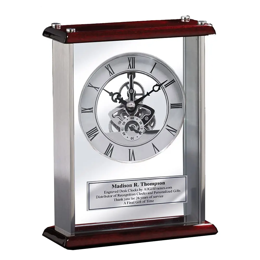 Employee Award Gear Encase Engrave Desk Clock Recognition Retirement Gift | Personalize Engraving Plaque Silver Davinci