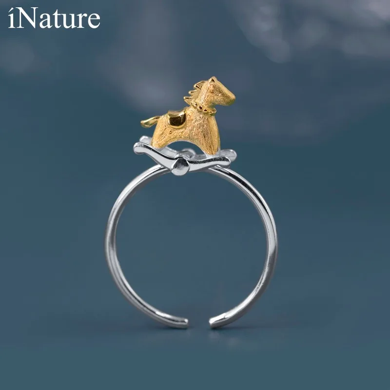 iNature 925 Sterling Silver Cute Rocking Horse Open Finger Ring For Women Fine Jewelry