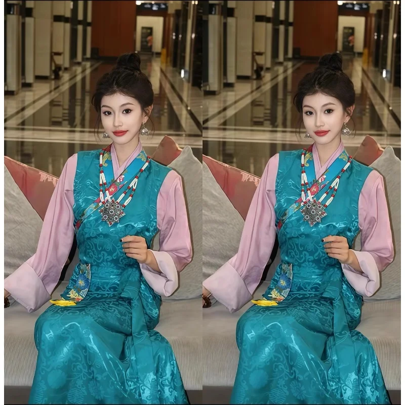 

China Tibet Two Bora Skirt Embroidered Collar Ethnic Style Tibetan Dress Long Skirt