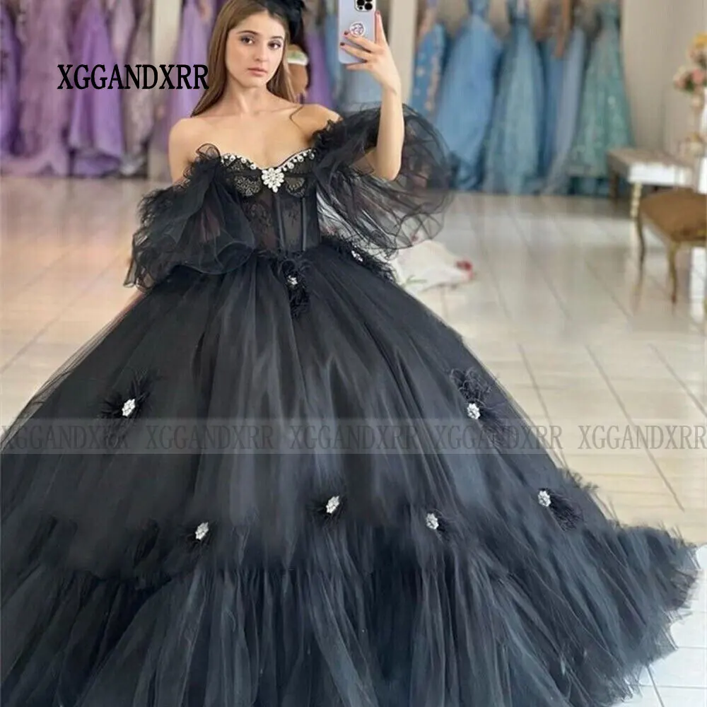 Erstaunliche schwarze quincenrara kleider mexico vestidos de 15 años quinceañeras 3d floral xv brithday party kleid süßes 16 kleid