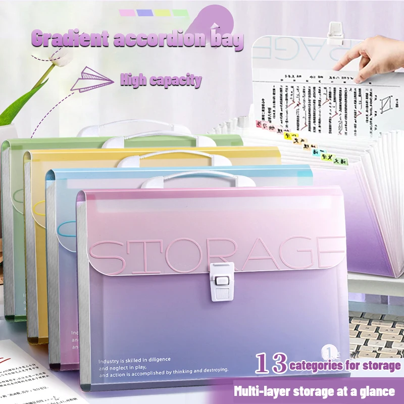 

Kawaii Gradient Color A4Portable Accordion Bag 13layer Folder Student Test Paper Storage Bag Large Capacity Information File Bag