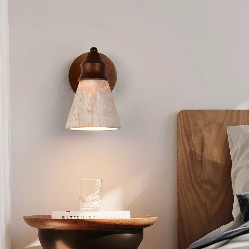 Japanese Retro Wooden Wall Lamps LED Light Taper Yellow Travertine Lampshade Living Room Bedroom Corridor Restaurant E27 Sconces