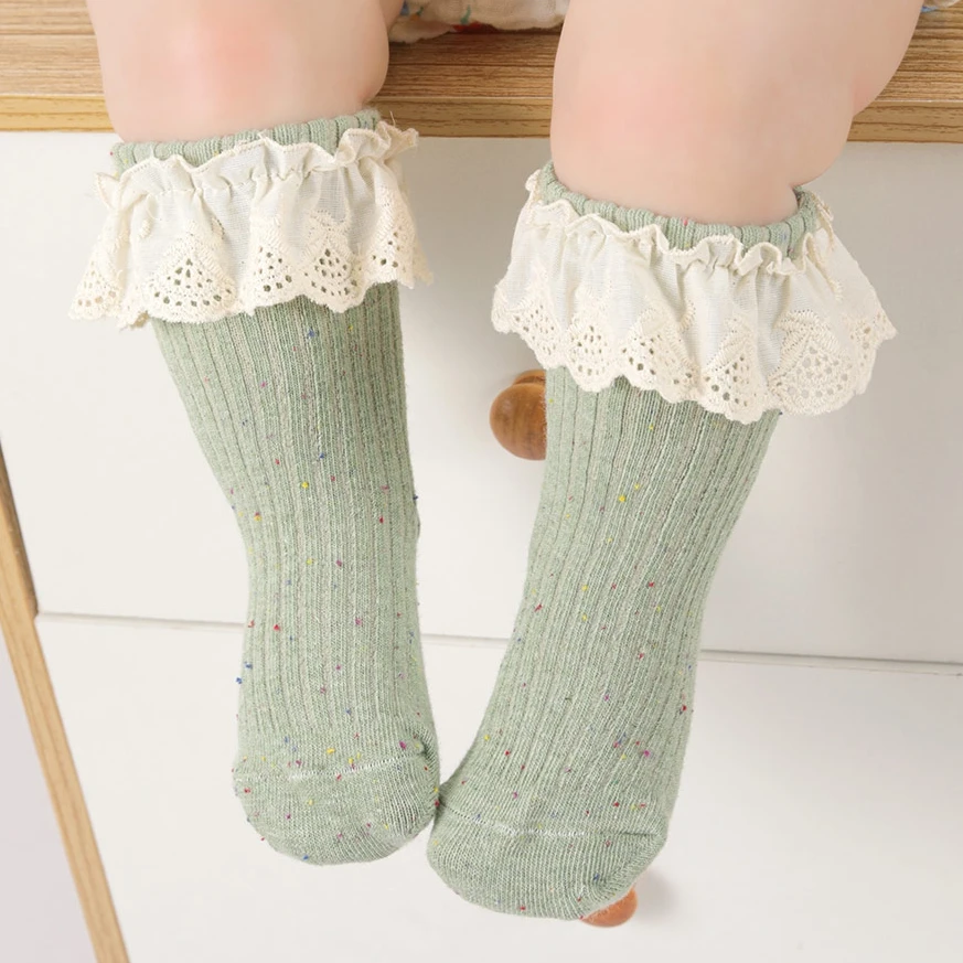 

Cute Green Mid Calf Socks With White Lace Ruffle 2 Pack Soft Combed Cotton Baby Girl Socks For Toddlers Ages 3 To 5