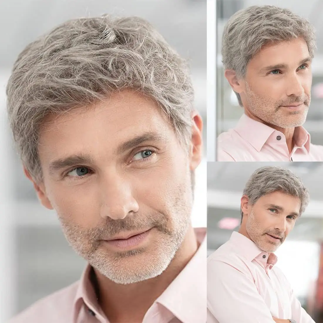 Mens Short Grey Wig Natural Layered Costume Halloween Wigs Synthetic Heat Resistant Hair Replacement Wigs for Male Guys