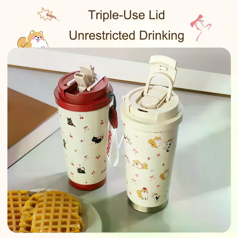 Floral Kitten Design 550ml Dual-Drink  Cup, Large Capacity Portable plastic   Water Bottle