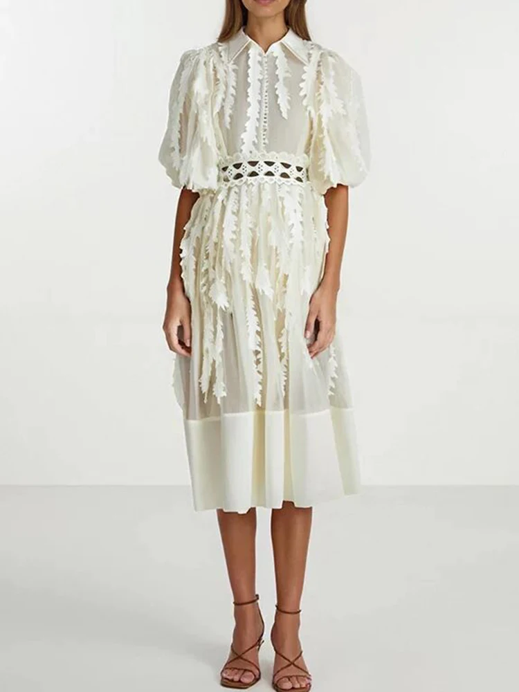 

Элегантное женское платье макси с высокой талией, сетчатыми вставками, шикарным отложным воротником, пышными рукавами и оборками, однотонное, свободного кроя, весна-лето, новинка