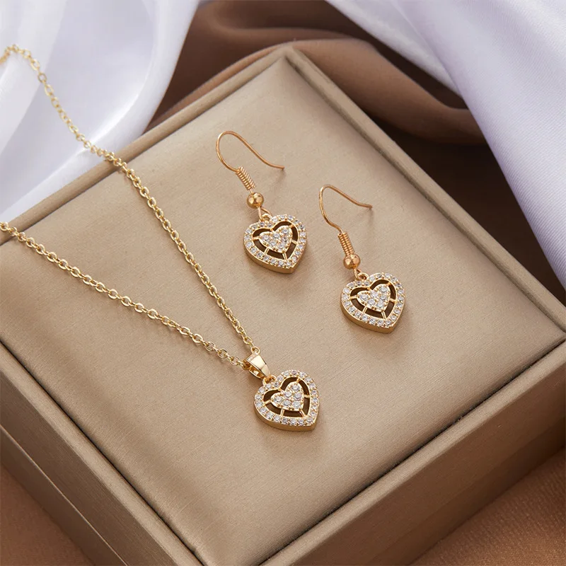 AETEEY Luxury Hollow Zircon Heart Jewelry Set Necklace Earrings High End Elegant Women Daily Matching Accessories