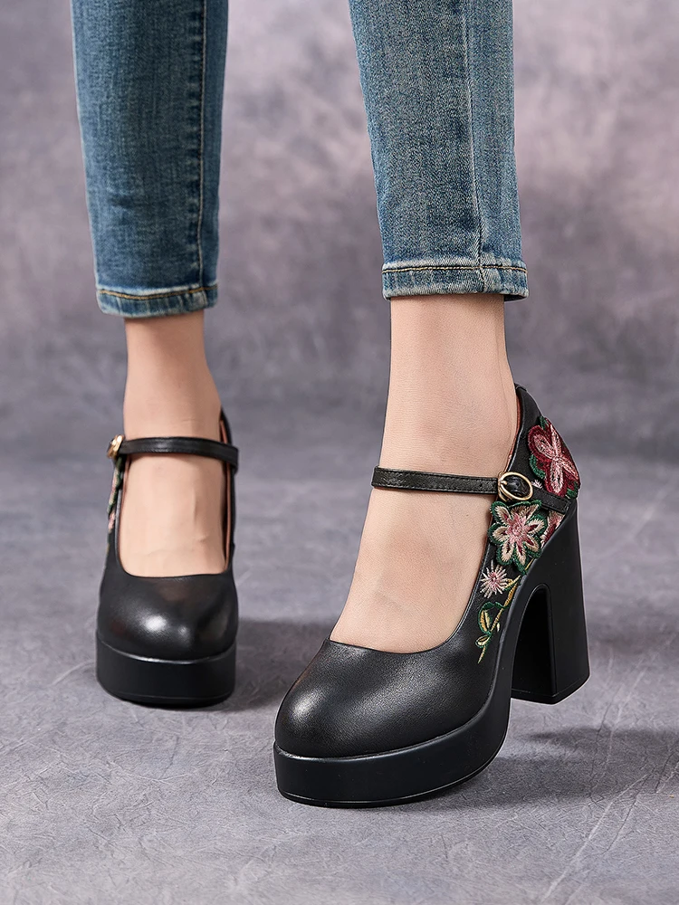 

Birkuir/женская обувь на очень высоком каблуке 10 см в стиле ретро, туфли на плоской платформе и толстом каблуке, роскошные туфли из натуральной кожи с пряжкой и вышивкой