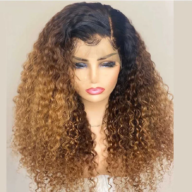 Perruque Lace Front Wig sans colle, longue, blond ombré, crépus et bouclés, 26 pouces, Deep Wave, avec Baby Hair, pre-plucked, quotidien, densité 180, pour femmes