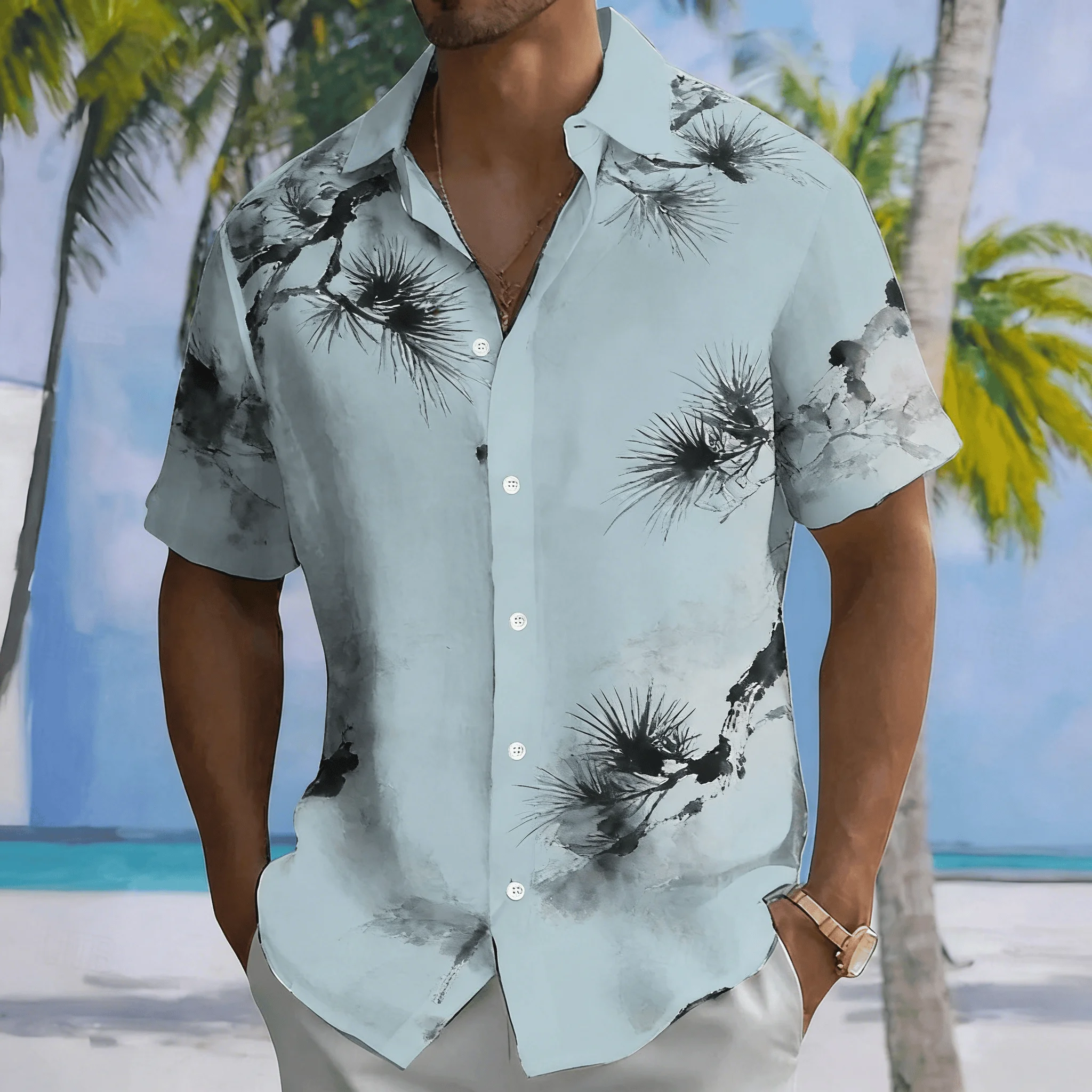 

Men's Light Blue Ink Branch Print Short Sleeve Shirt, Spring Summer Chinese Style Artistic Casual Top, Pocket Lapel Style