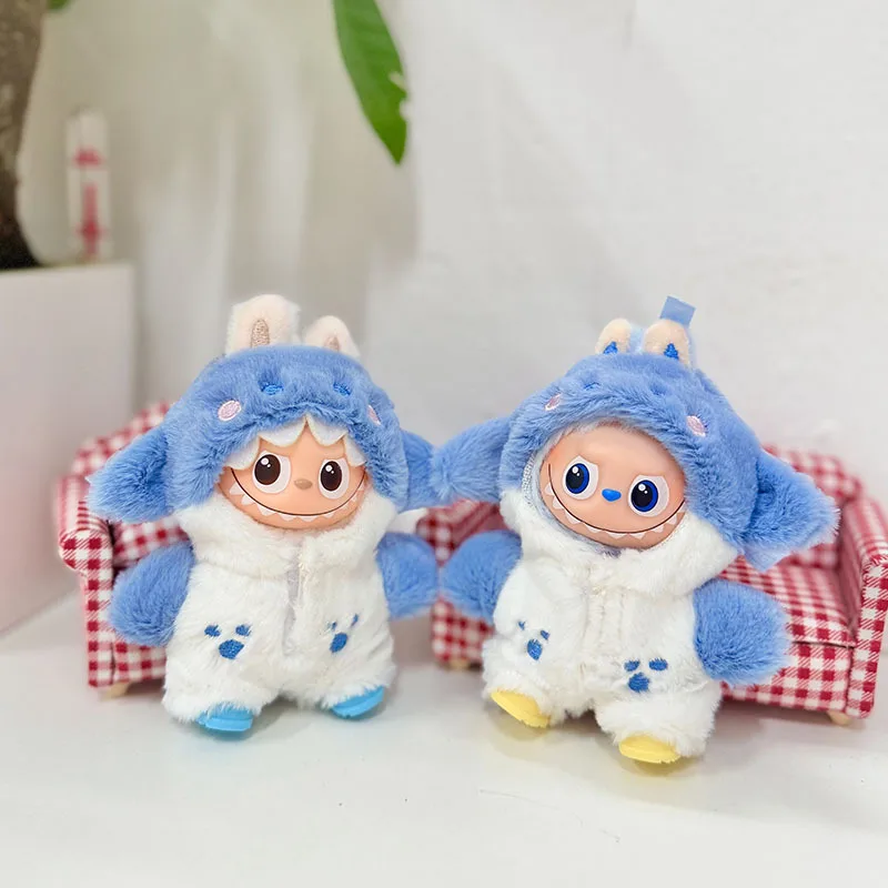 Adequado para mini 10cm labubu4.0 pingente de pelúcia boneca roupas com capuz tubarão boneca acessórios bonito presentes do feriado presentes de aniversário