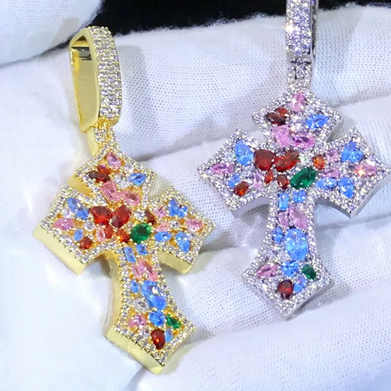 

Новый крест HHIOK, цветной кулон с драгоценными камнями цвета льда, 5А, сверкающий дизайн с кубическим цирконием, ожерелье в стиле хип-хоп, ювелирные изделия