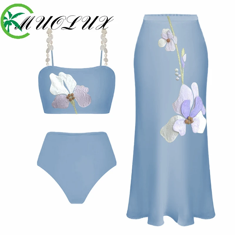 2024 New Bikini Set Chinese Style High Waist Heavy Industry Flower Embroidered Swimsuit and Wrap Skirt Two Piece Set Beachwear