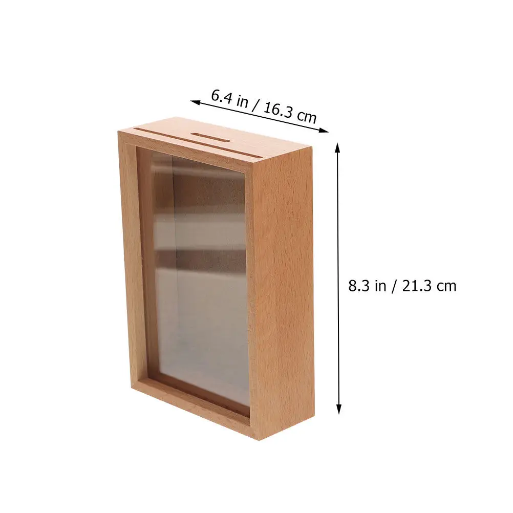 Wood Money Saving Box Piggy Bank Clear Window Multi-Purpose Photo Frame Coin Bank for Adults Office Bedroom Display