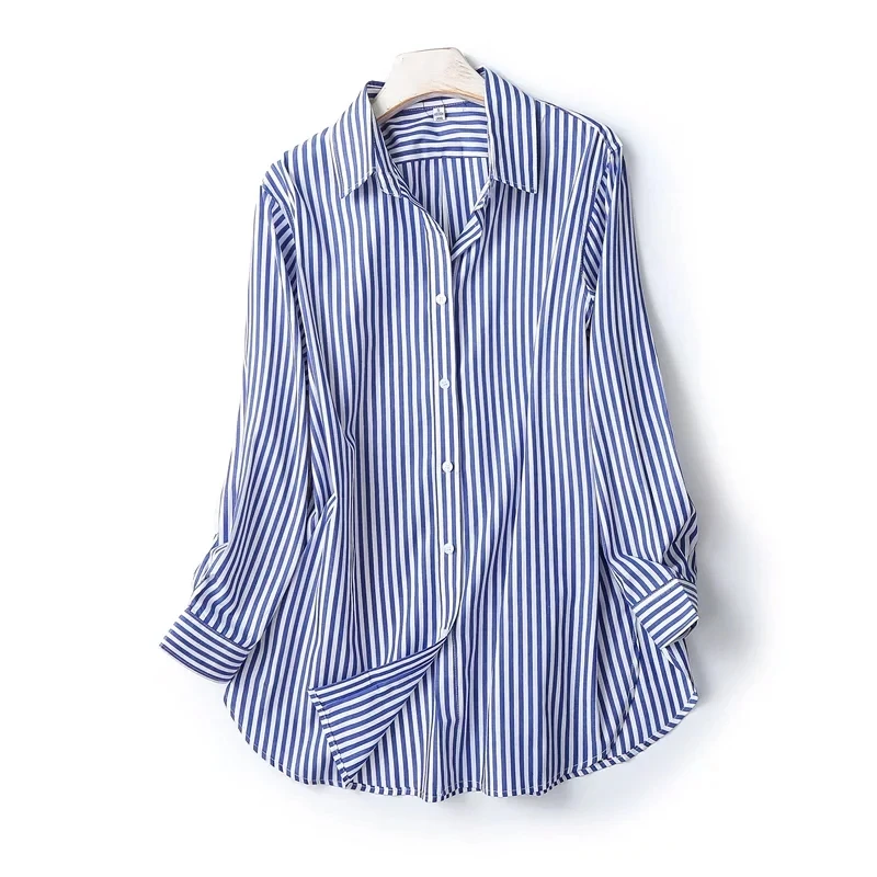 Maxdutti 2023 England Style Office Lady High Street Fashion Blouse Striped  Loose Shirt Pure Cotton Casual Blouse Women