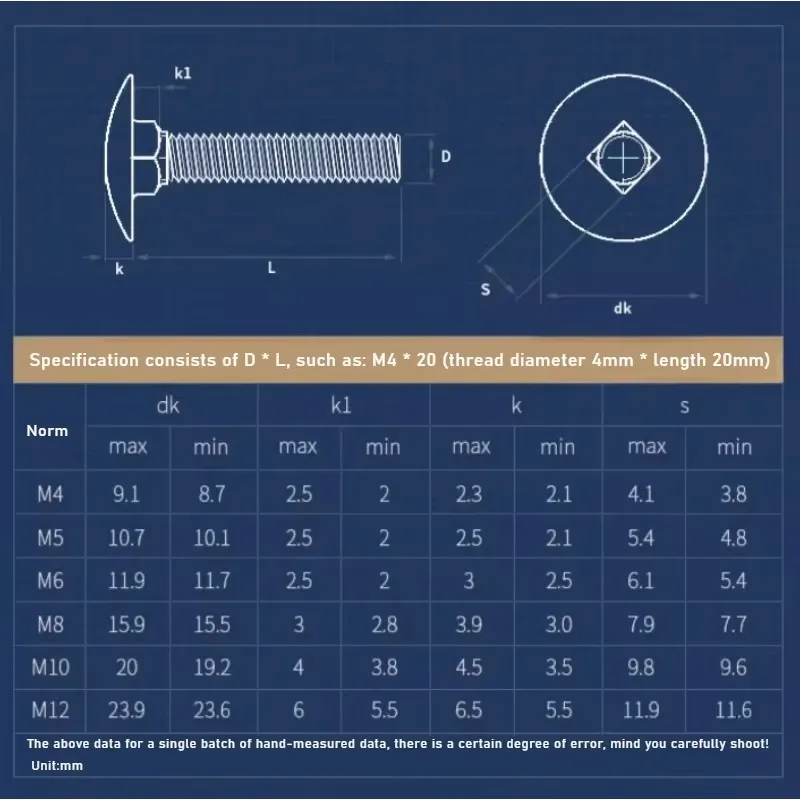 M4 M5 304 Stainless Steel Truss Round Head Square Neck Carriage Screw Coach Bolt For Shelf Desk Length 10mm~50mm