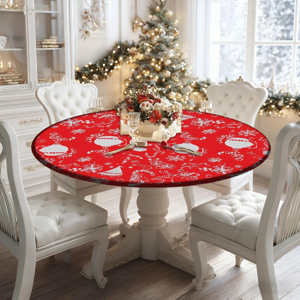 

Snowflake and Christmas Ornament Pattern Christmas Decor Elastic Tablecloth, Polyester Material, Suitable for New Year Family Ga