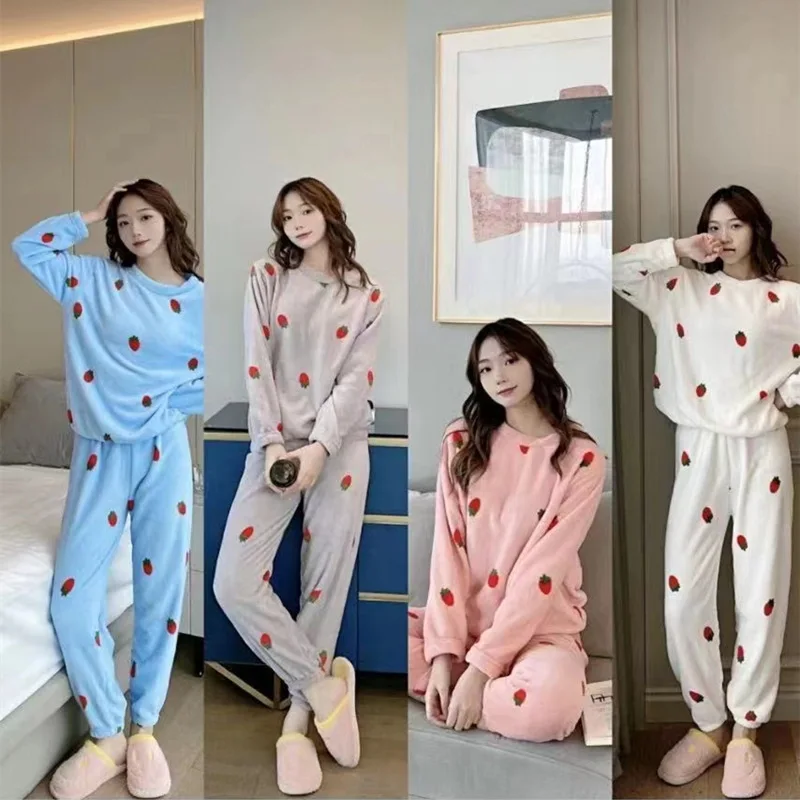 Women Pyjamas Sets Autumn Winter Warm Flannel Strawberry Coral Long Sleeve Girls Sleepwear Casual Fleece Pajamas Homewear 2023