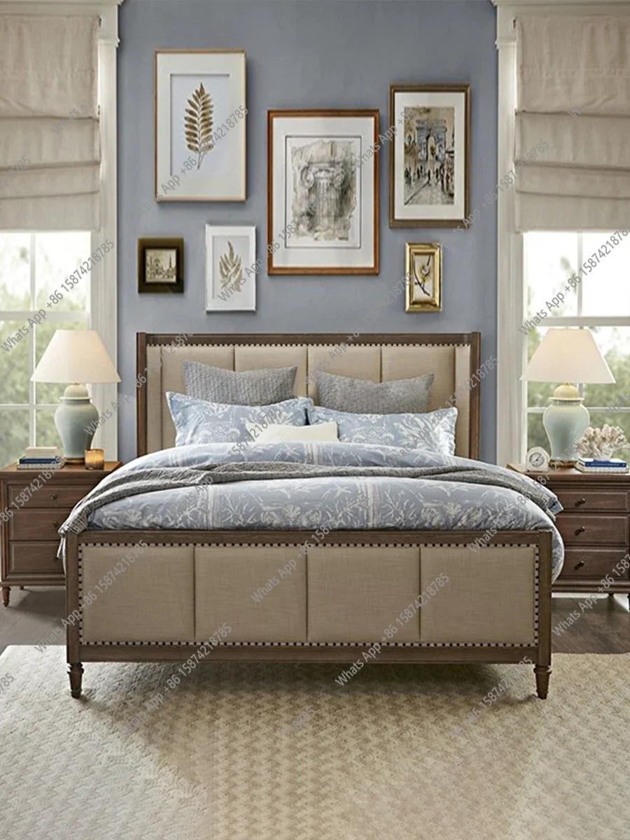 

J American Retro Solid Wood Double Bed, Master Bedroom 1.8m Queen Bed, French Upholstery Fabric Wedding Bed, 1.5m Oak Chest Of D