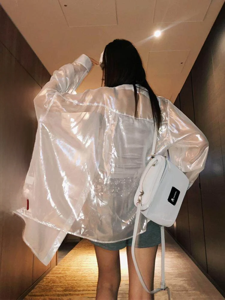 

Li Wan Jun Mermaid Princ Women's Summer Thin Long Sve irt Pearl Glossy Surface Outerwear Top Lightweight Jaet