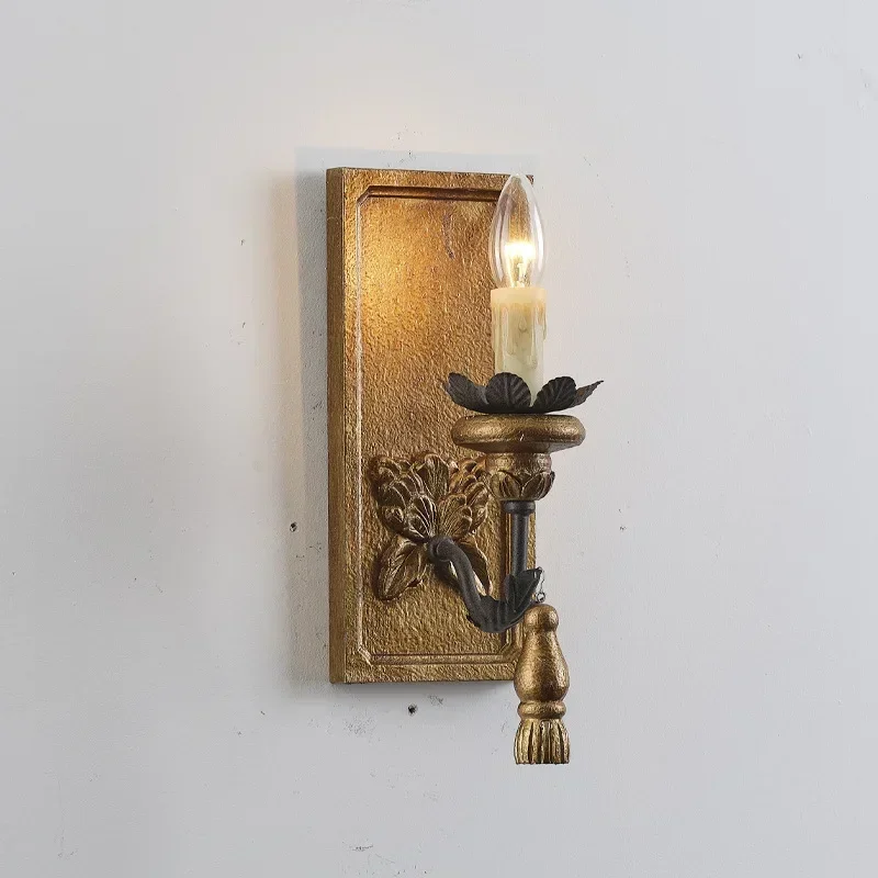 

French Retro Gold Solid Wood Carved Wall Lamp Homestay Living Room Dining Room Hallway Wall Lighting Designer Bedroom Lamp