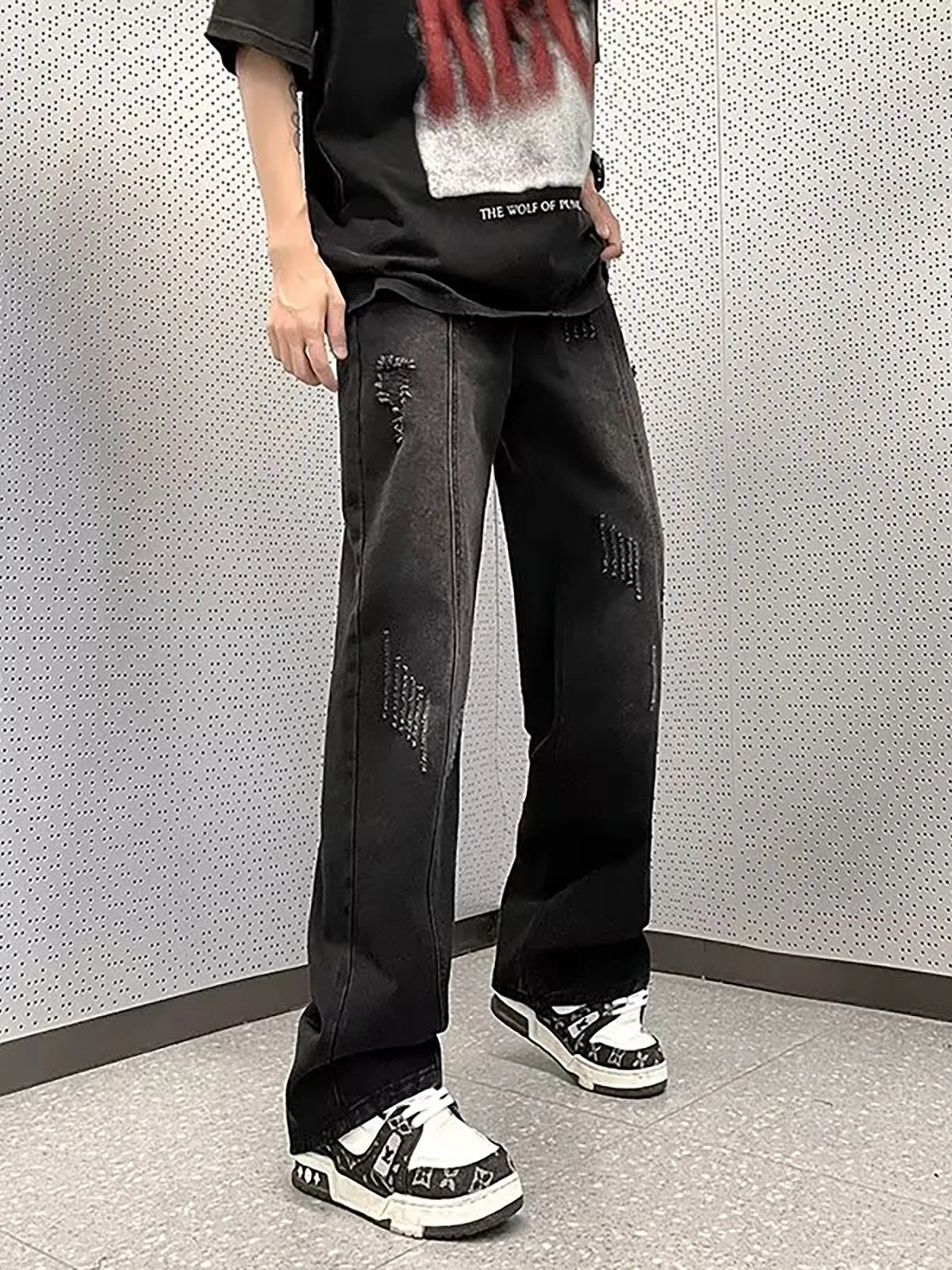 Black Worn-Out Men's Jeans Spring Trendy Loose Straight-Vibe High Street Hole Wide Leg Pants Youth Casual Wear Spring Season