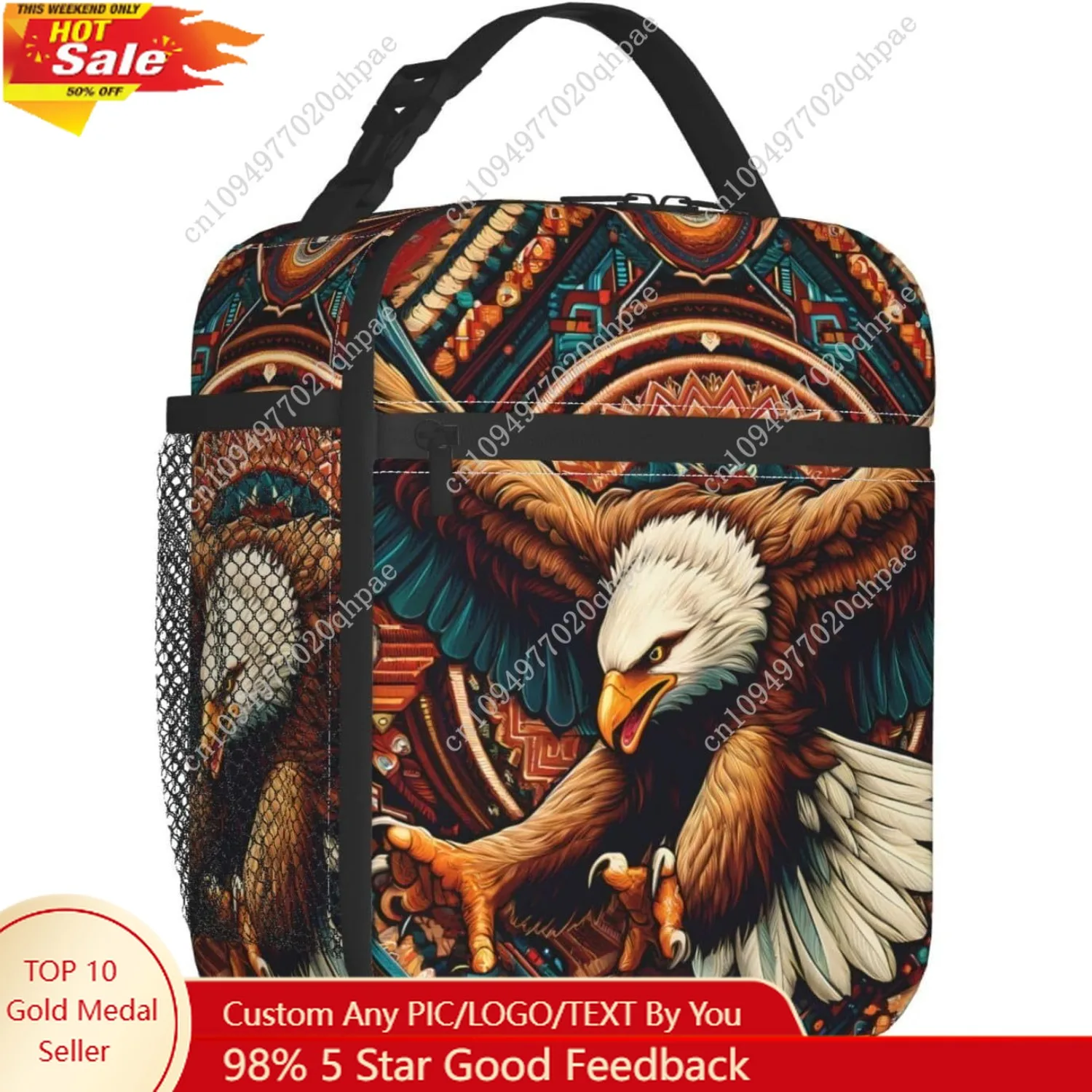 

Bald Eagle Insulated Lunch Box,Fierce Bird Reusable Tote Bag for Animal Lovers,Western Print Pattern Design Lunchbag,Portable Co
